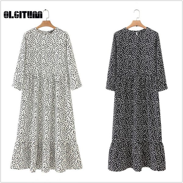 

2020 style women dot printed three quarter sleeve o-neck maxi dress spring casual female straight ankle length dresses, Black;gray