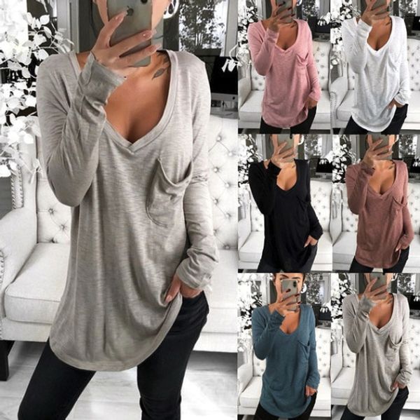 

2020 Autumn Europe and America Style Women's Sexy V-neck Panelled T-shirt Fashion Women Loose Long-sleeved Pocket Shirts 6 Colors Size S-3XL