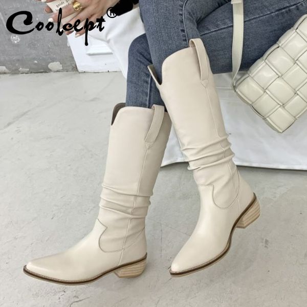 

boots coolcept women knee genuine leather thick heel winter shoes woman fashion warm long boot office lady footwear size 33-40, Black