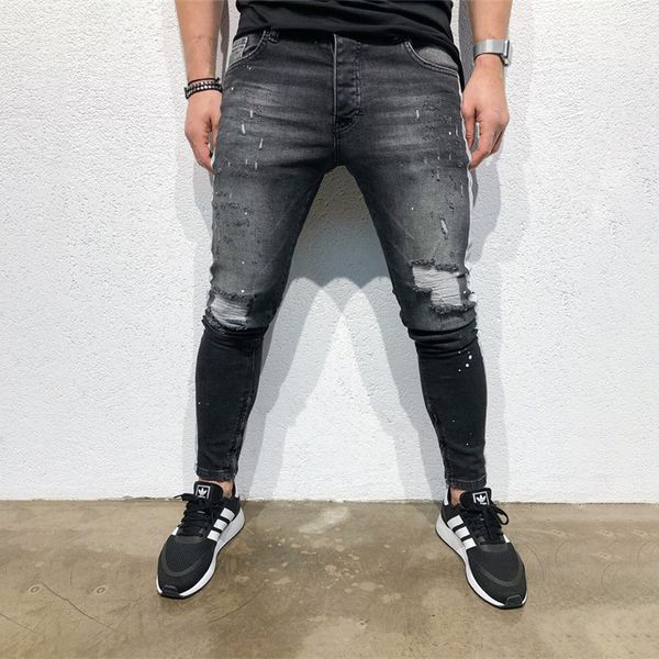 

узкие джинсы мужчины stretch джинсовые брюки streetwear проблемные ripped freyed slim fit джинсы брюки 2020 карандаш брюки c1328, Blue