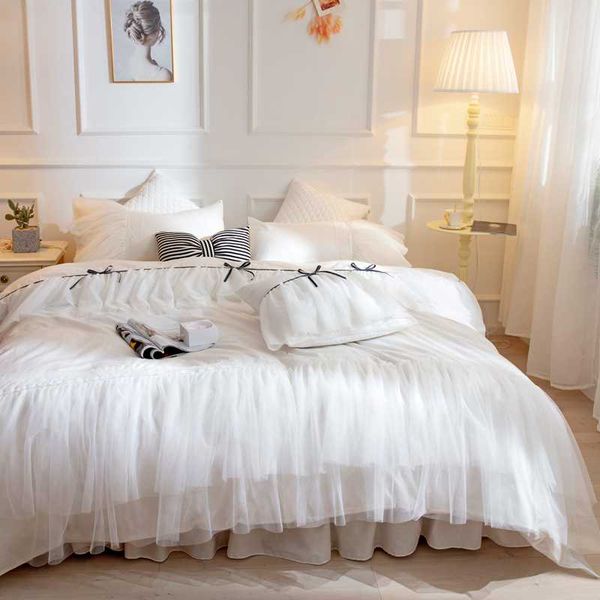 

white lace bow princess bedding set  king size wedding ruffles bedspread solid color duvet cover bed skirt linen 100%cotton