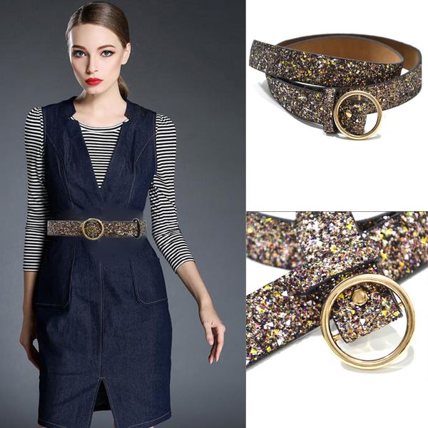 

designer 2020 new ladies sequin decoration round buckle belt women luxury elegant shine light pu thin belt bg-1305, Black;brown
