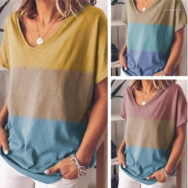 

sleeve tshirt women loose summer tees fashion v neck casual womens designer contrast color short, White