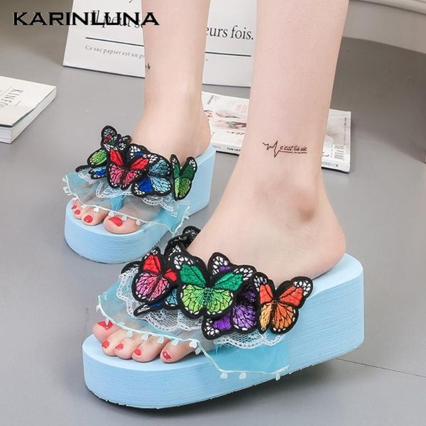 

karin 2020 new arrivals women slippers high wedges med platform appliques summer outside women slides, Black
