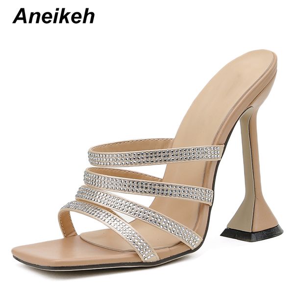 

aneikeh summer women shoes slippers slides pu bling spike heels outside square toe lady mules size 35-41 fashion 2020 polka dot, Black