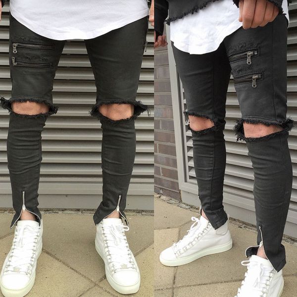 

2020 hip-hop men jeans masculinacasual denim distressed men's slim jeans pants brand biker skinny rock ripped homme, Blue