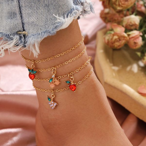

4pcs/set women anklets chains fruit pattern beach anklets barefoot sandals foot chains leg bracelets foot bracelet ankle chain foot jewelry, Red;blue