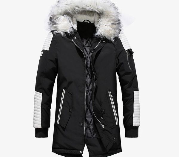 

thick warm parkas coat winter jacket men casual long outwear hooded fur collar windbreaker jackets leather coats men veste homme, Black