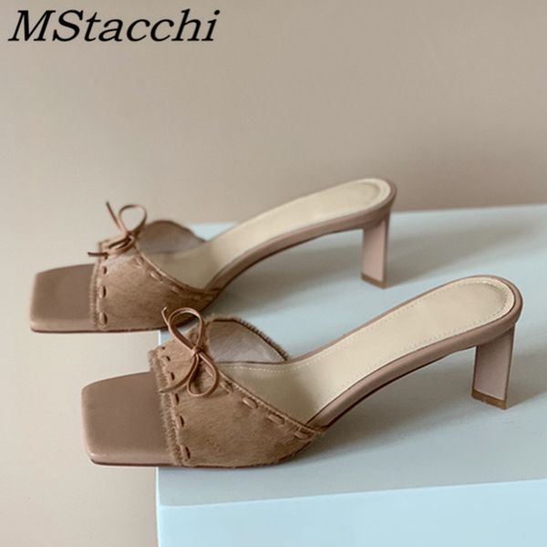 

mstacchi slippers women retro horsehair strange heel shoes butterfly-knot sheepskin outdoors women shoes fashion slippers, Black