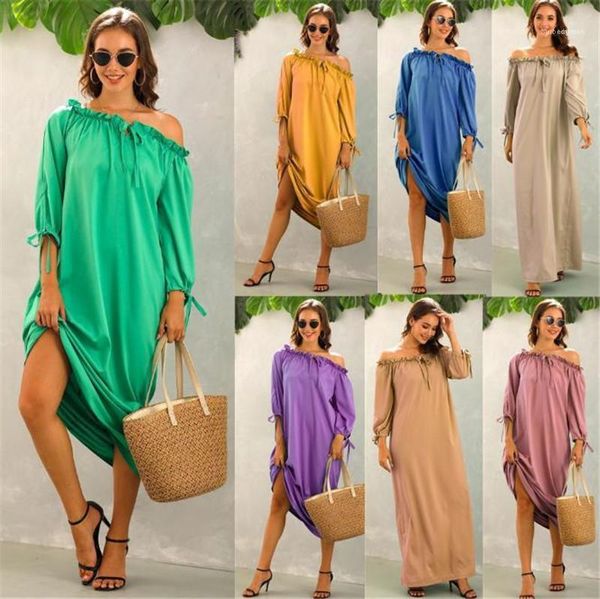 

shoulder solid loose long dresses new women designer clothing women slash neck designer dress casual lace up off, Black;gray
