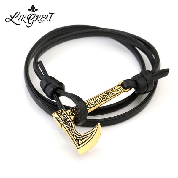 

likgreat black brown leather bracelets irish celtics knot trinket viking slavic sword axe charm bracelet men amulet jewelry, Golden;silver