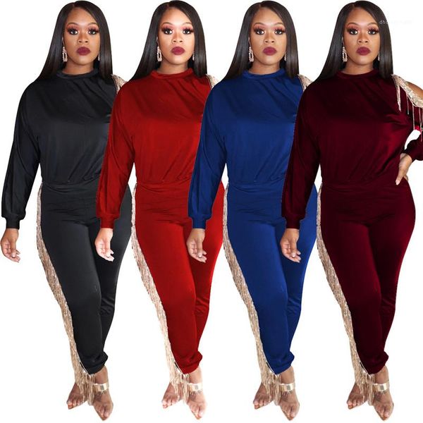 

two piece set casual clothing with tassel womens designer soild color tracksuits crew neck slim womens, Gray