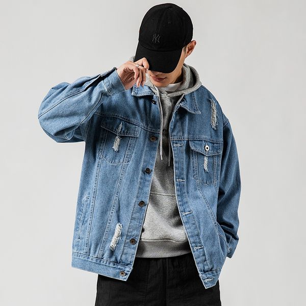 

2020 new harajuku style ripped denim jacket loose and large size 5xl casual and comfortable versatile washed jeans jacket coat, Black;brown