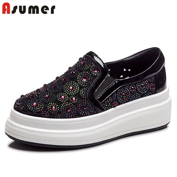 

asumer 2020 горячей продажи одной обуви высокого качества кристалл лакированной кожи весна лето удобной плоской платформы обувь женщина, Black