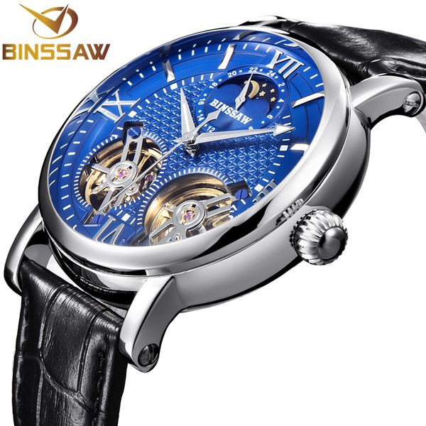 

wristwatches binssaw double tourbillon automatic mechanical men watch fashion leather stainless steel watches relogio masculino, Slivery;brown