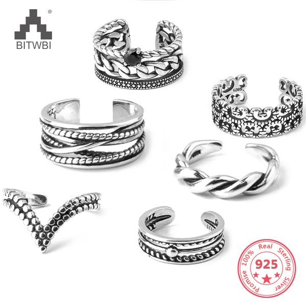 

s925 sterling silver retro old thai silver twist wide-faced black diamond chain carved open ring, Golden;silver