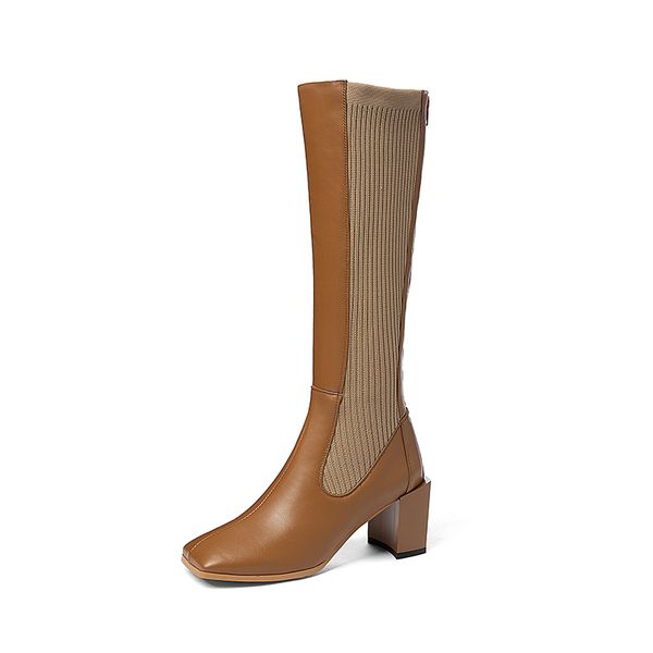 

genuine leather high heel women knee high boots woman square toe boots women long party wedding shoes woman, Black