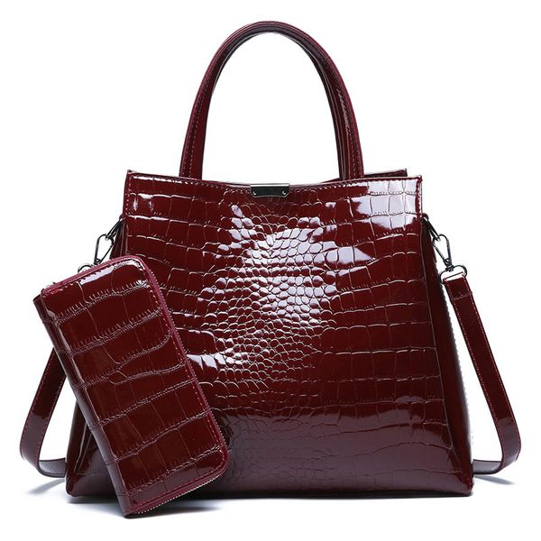 

women handbags set large capacity shoulder bag female tote bags+wallet crocodile women bag black red patent leather