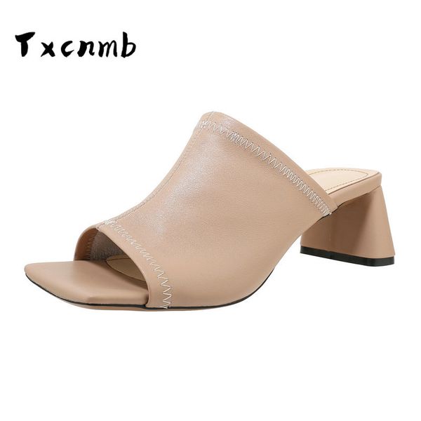 

genuine leather 5cm square heels slipper women sandals spring summer party night club fashion shoes woman, Black