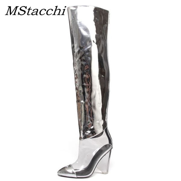 

mstacchi зима женщин transparent над коленом boots женщина остроконечных toe 12см кристалл высокой пятка насос серебро способ повелительницы, Black