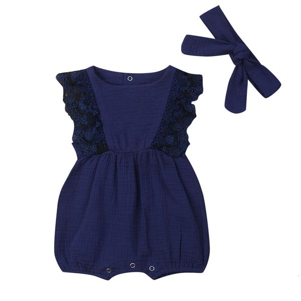 

clearance brand new newborn infant kids baby girl boy romper lace ruffled cotton jumpsuit playsuit bodysuit hair band outfit summer, Blue