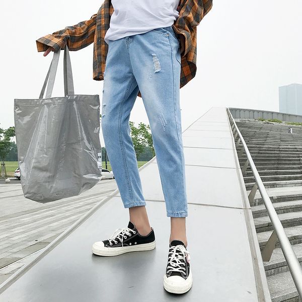 

stretch men's denim jeans summer thin section trendy brand slim korean hole light-colored feet pants all-match pants, Blue
