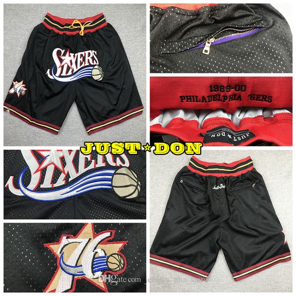 

mens just don pocket basketball shorts stitched 1999-00 black pocket philadelphia 76ers shorts lining mesh sports pocket sweatpants, Black;red