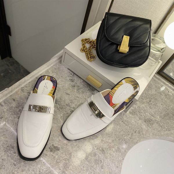 

2020 new summer women flat slippers slip on mules metal buckle decoration woman slides brand designer slip on loafers mules, Black