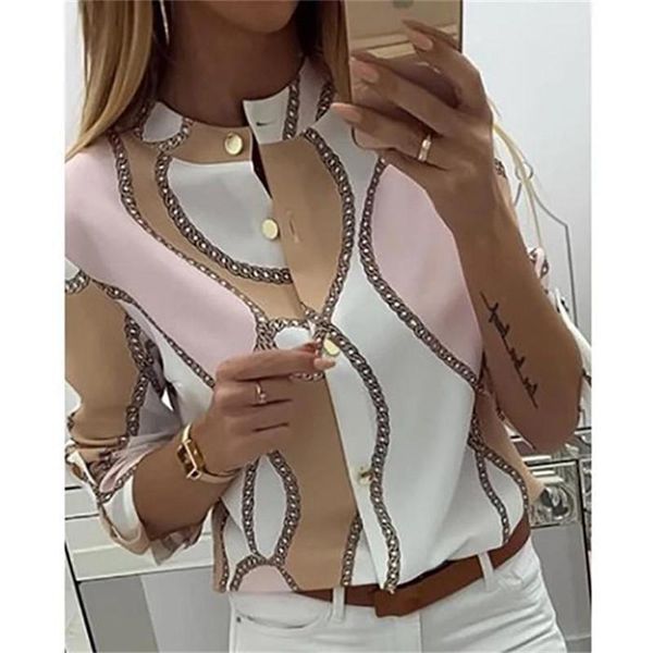 

ladies chain pattern fashion trend shirt spring stand collar long sleeve slim fit casual blouses designer famale chain print shirts clothes, White