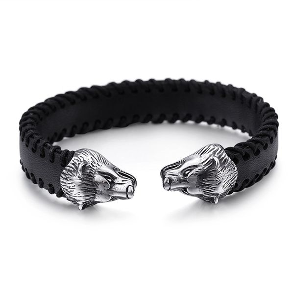 

european and american stainless steel men's faucet leather bracelet fashion punk titanium steel bracelet, Black