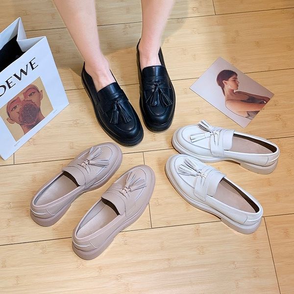 

woman loafers leather tassels platform soles, Black