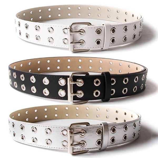 

punk double pin buckle belts casual pu leather waits strap men women adjustable waistband, Black;brown