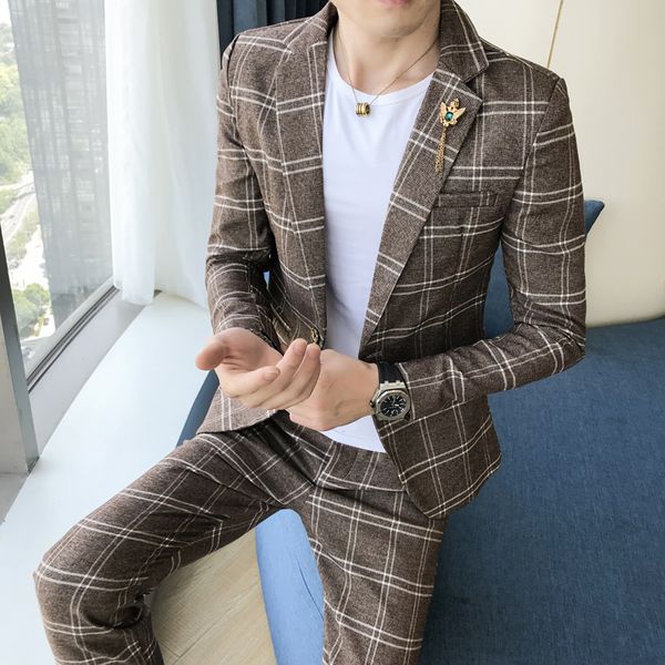 

men's suits & blazers british style plaid suit two-piece (jacket + pants) men blazer / 2021 slim 2 sets, White;black