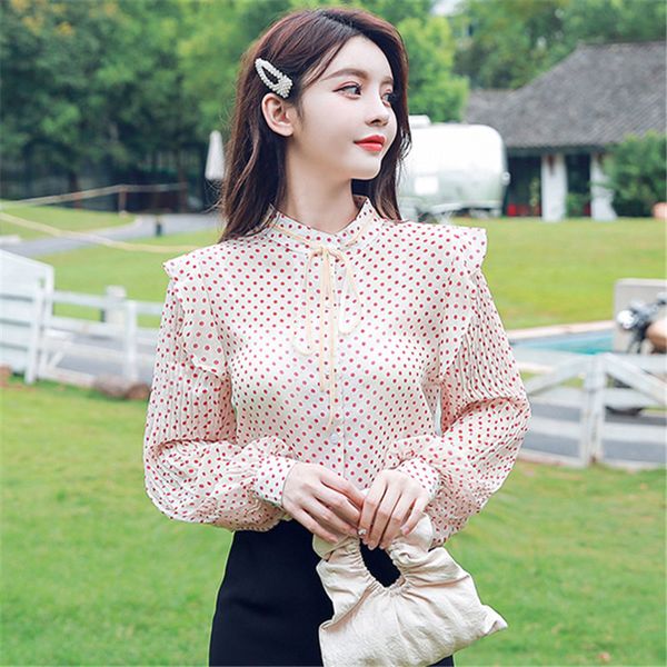 

women's blouses & shirts 2021 autumn fashion women and blouse ruffles long sleeve polka dot chiffon casual lady lac-up bow o-neck clot, White