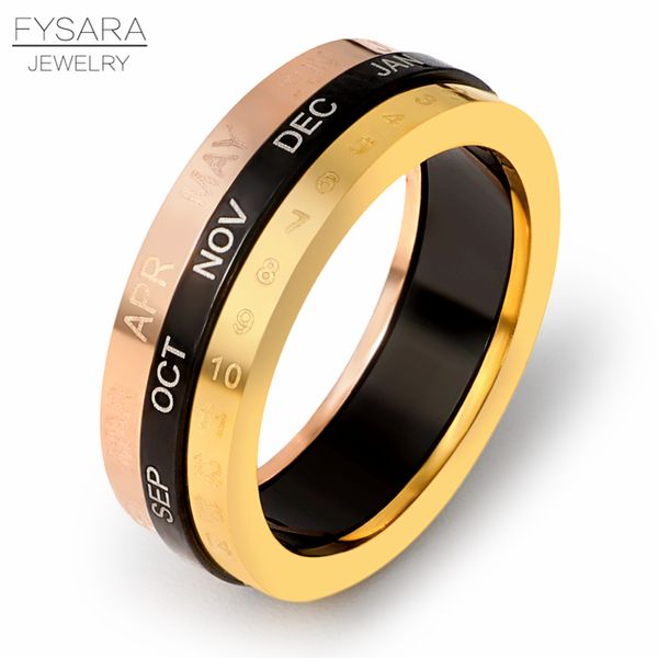 

fysara rotation calendar and date rings stainless steel women men party charm finger ring wedding ring, Golden;silver