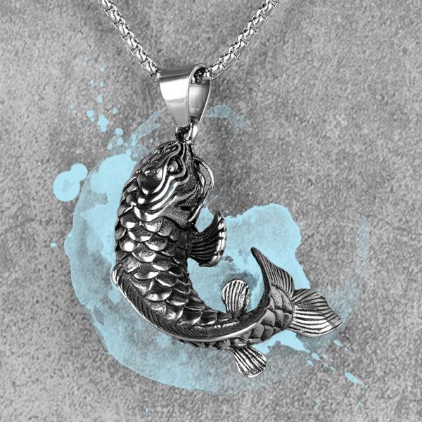

koi fish animal mens long necklaces pendants chain punk hip hop for boy male stainless steel jewelry creativity gift wholesale, Silver