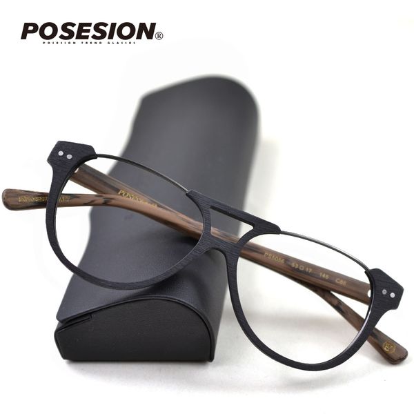 

posesion vintage large round men wooden optical eyeglasses frames handmade retro acetage clean lens myopic half frame glasses, Black