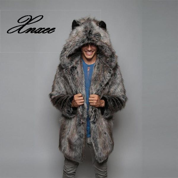 

xnxee men fashion lapel hoodie coat artificial hair middle long thicken warm winter overcoat 4xl, Black