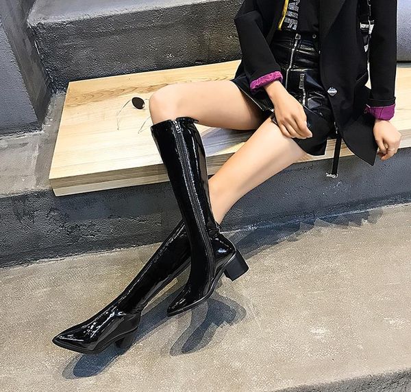 

winter new patent leather thick with high boots female pointed small high-heeled knee boots and knee motorcycle, Black