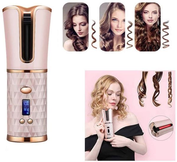 

cordless automatic hair curler iron usb rechargeable curling iron curls waves lcd display ceramic curly rotating curler j2357