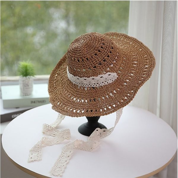 

sun-resistant e foldable seaside holiday handmade lace ribbon crochet straw hat women's summer outing, Blue;gray