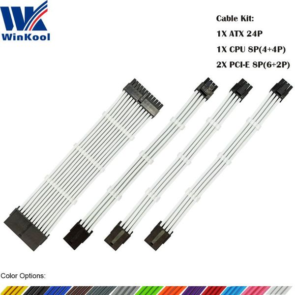 

computer cables & connectors winkool female to male 18awg sleeved psu extension power cord / cable kits 1x atx 24p cpu 8p 2x pci-e