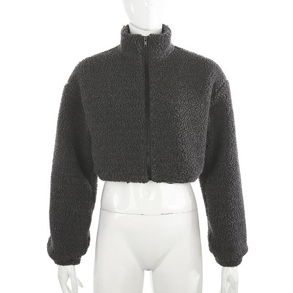

women's fur & faux winter gray fuzzy zipper crop jacket streetwear women warm thicken coat lambs wool short coats overcoat outerwear, Black