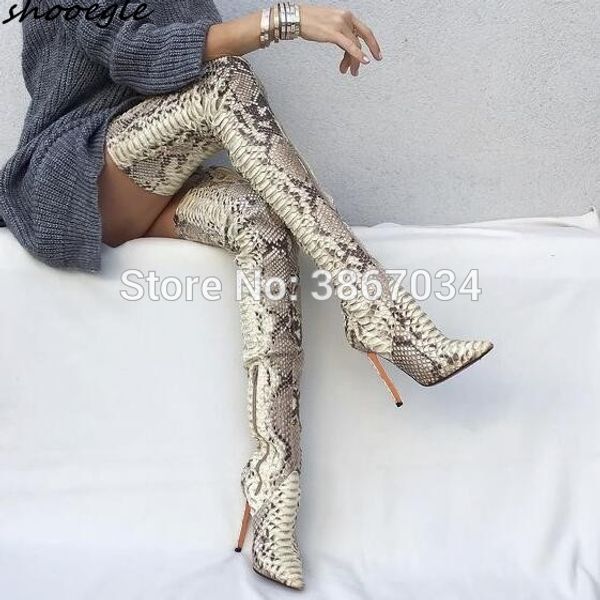 

shooegle women python thigh high boots pointed toe 12 cm high heels snakeskin embossed leather overknee boots women fashion, Black