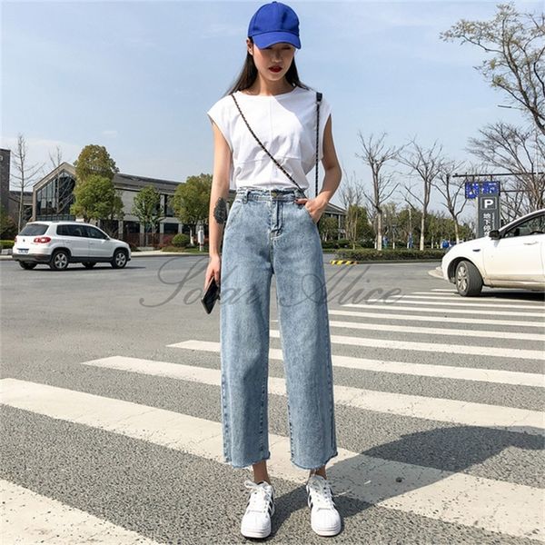 

2020 women's spring/summer new ankle length straight jeans up and down edge wide leg casual pants, Blue