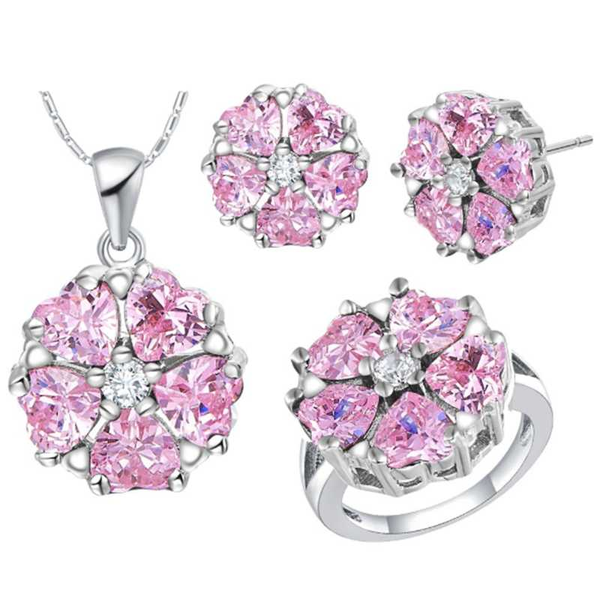 

fashion new women's day pink flower shape zircon necklace ear ring set bride wedding prom birthday gift jewelry wholesale, Slivery;golden