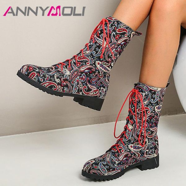 

annymoli mid calf boots med heel woman boots block heel shoes lace up mixed color ladies autumn winter blue yellow size 46, Black