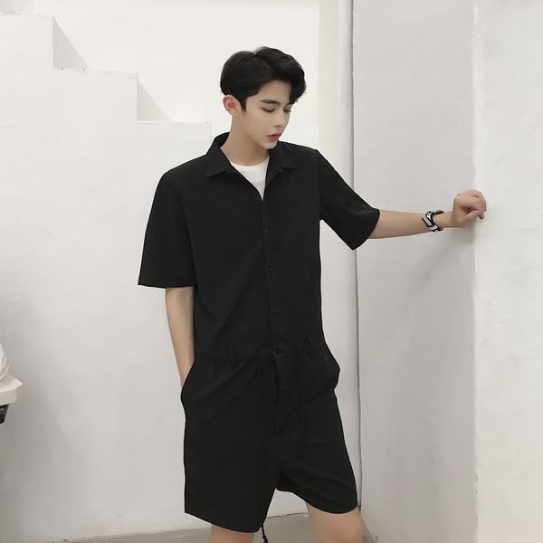 

2020 spring summer men's youth cotton short jumpsuit male one piece black, Blue