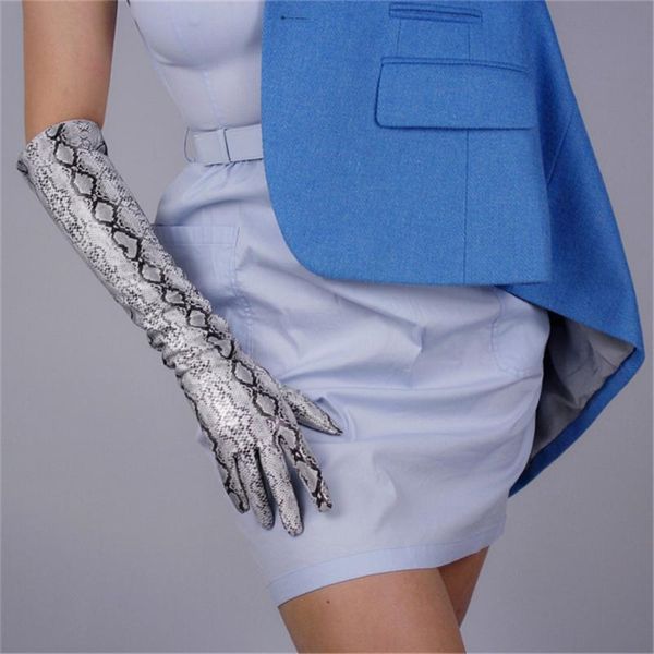 

five fingers gloves women 50cm patent leather long section over elbow simulation pu bright skin python pattern 3-tb84, Blue;gray