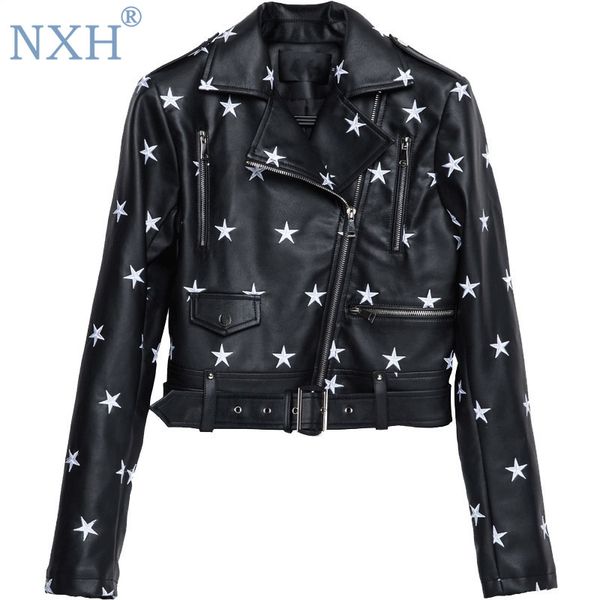 

nxh street fashion pu leather jacket 2020 new womens star embroidery casual motorcycle jackets bright streetwear clothes women, Black;brown